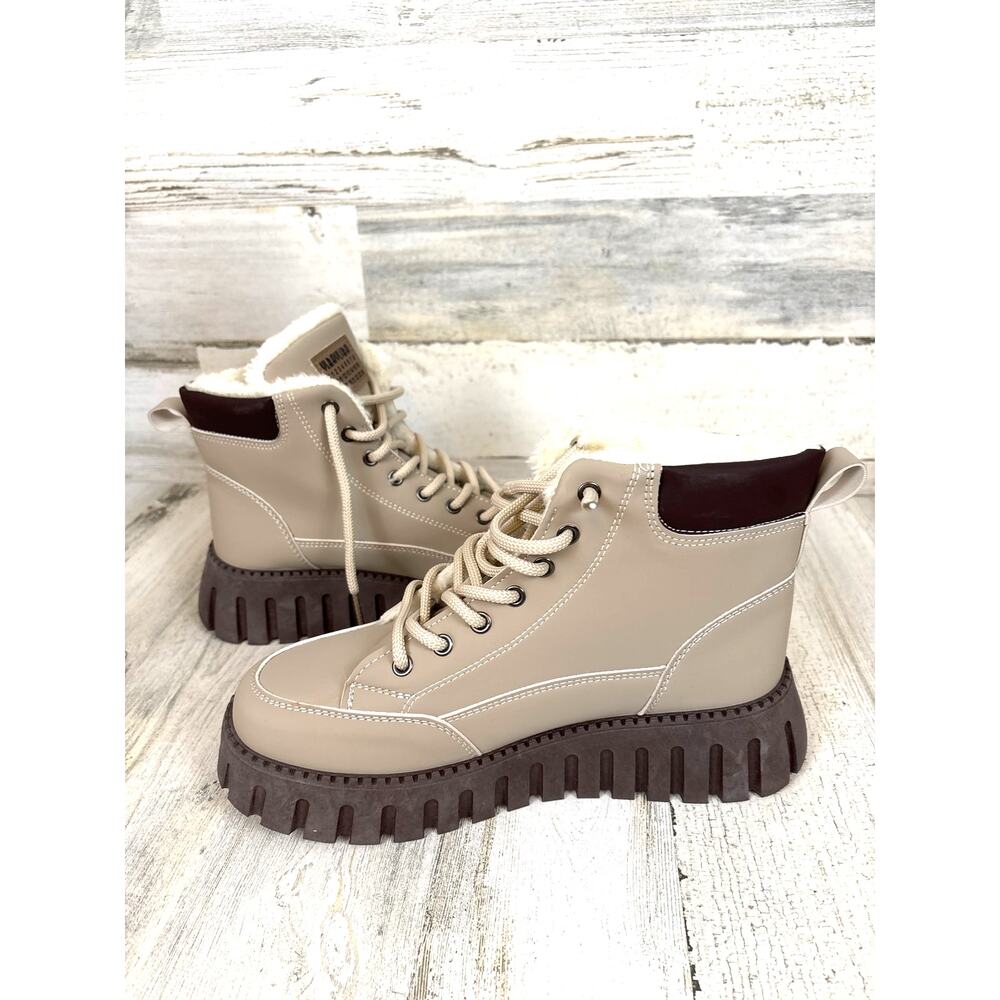 Cooer Womens 11 Gray Beige Fur Lined Lace Up Platform Ankle Boots NEW